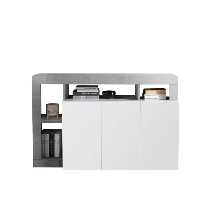 Buffet HAMBURG 3 portes – Blanc laqué brillant / Béton Buffet HAMBURG 3 portes – Blanc laqué brillant / Béton